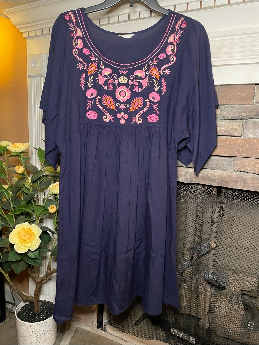 Navy Mini Dress with Pink Floral Embroidery